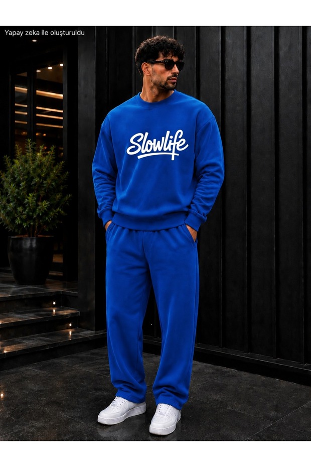 Men's Slowlife Slogan Printed Crew Neck Regular Fit Men's Tracksuit Set / Straight Leg Bottom