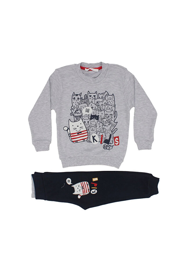 Boy's Gray Navy Bow Tie Cat Printed 2-Piece Set
