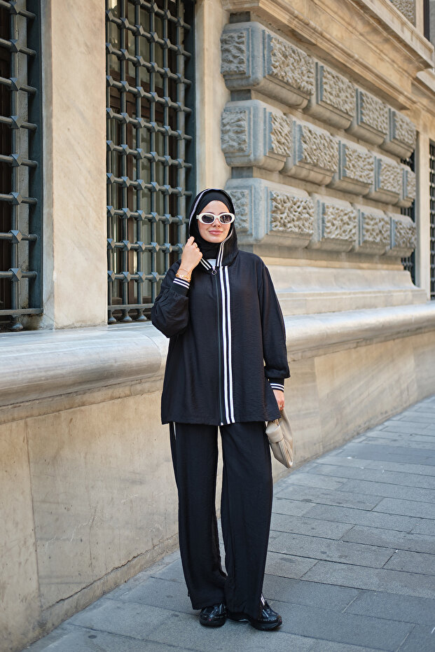 Women's Front Stripe Detailed Zippered Hooded Set Black