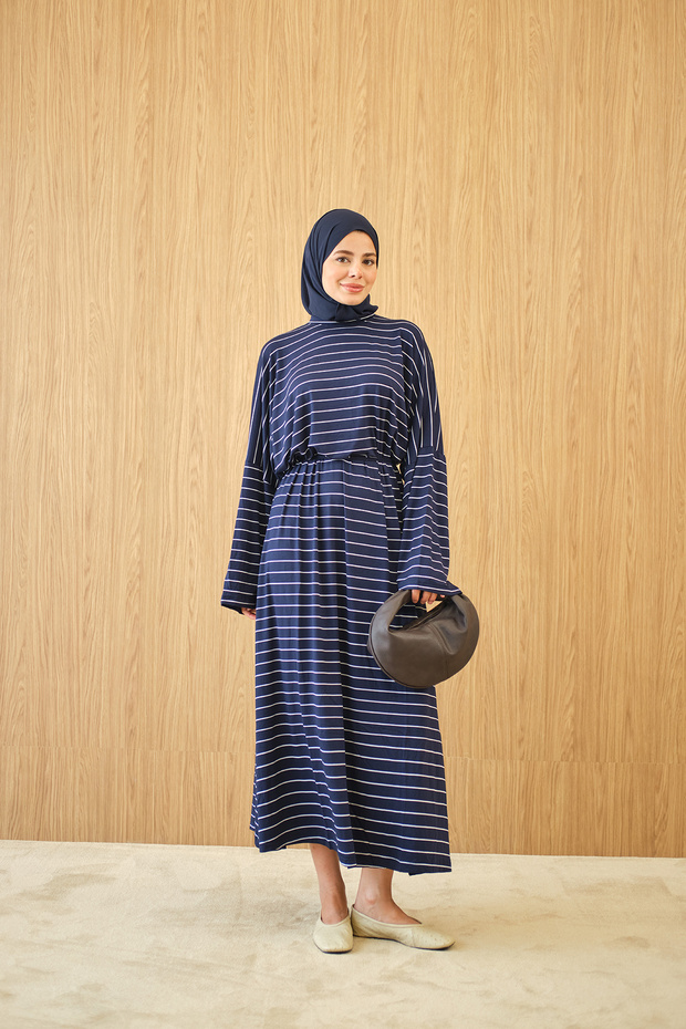 Women's Striped Long Sleeve Dress Navy Blue