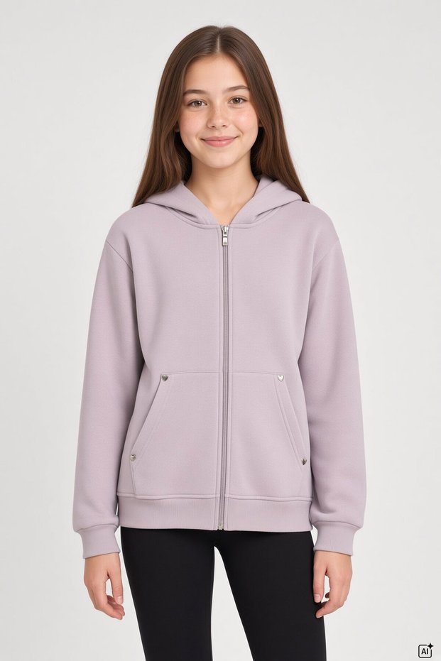 Girl's Dusty Rose Pocket Heart Detailed 3 Thread Hooded Cardigan 24717