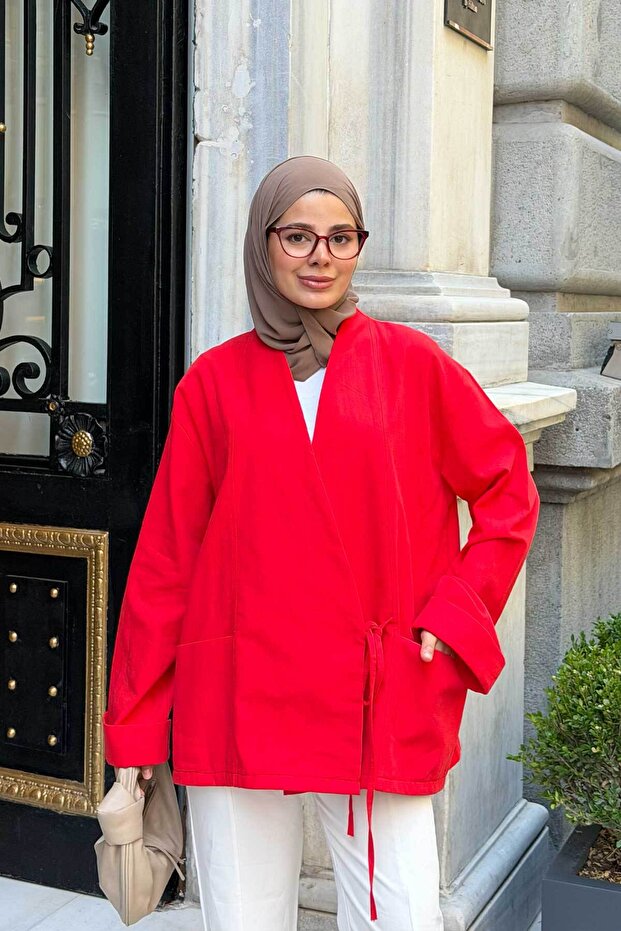 Women's Side Tie Detailed Double Pocket Jacket Red