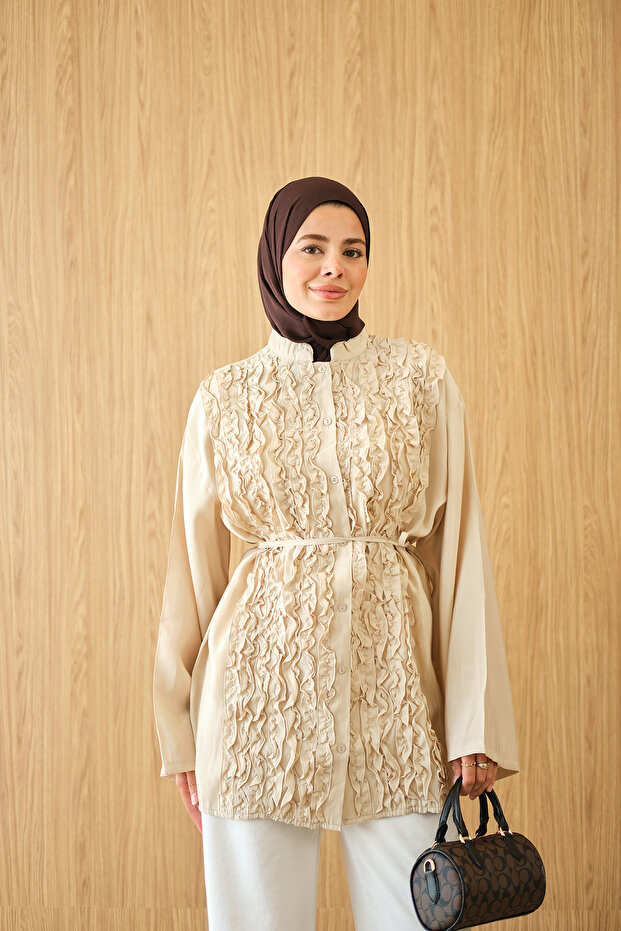 Women's Waist-Tied Ruffled Front Shirt Stone