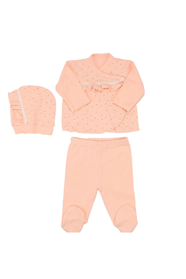 Baby Girl Salmon Flower Patterned Scalloped Detailed 3-Piece Set