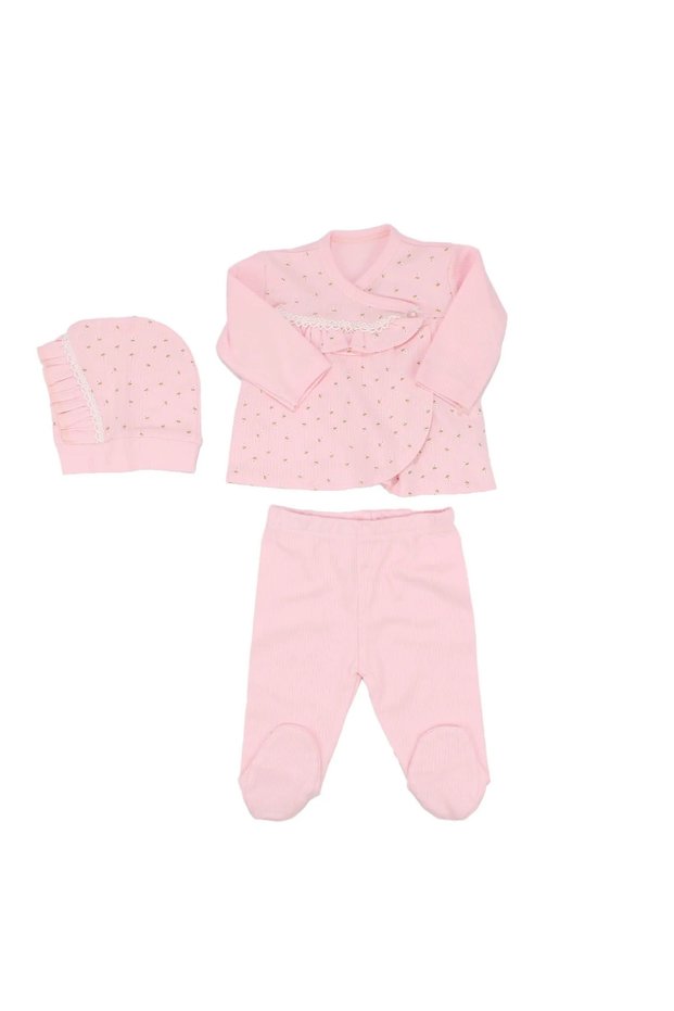 Baby Girl Pink Floral Patterned Scalloped Detailed Set of 3