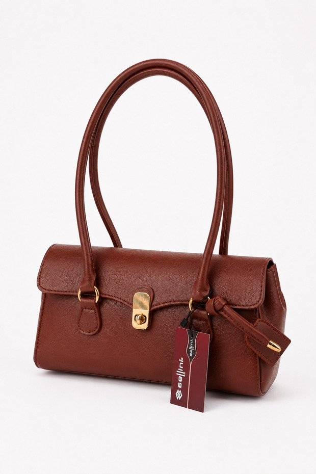 Baguette-Shaped Special Lock Pendant Detailed Elise Women's Shoulder Bag Brown