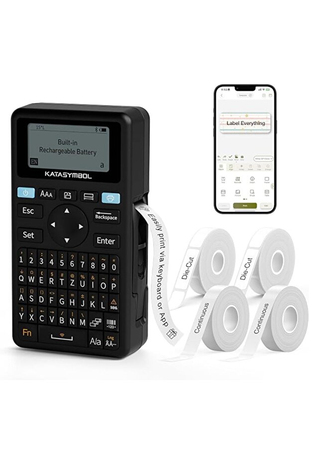 طابعة ملصقات E11 مع 4 أشرطة، بلوتوث ولوحة مفاتيح QWERTY، لون أسود