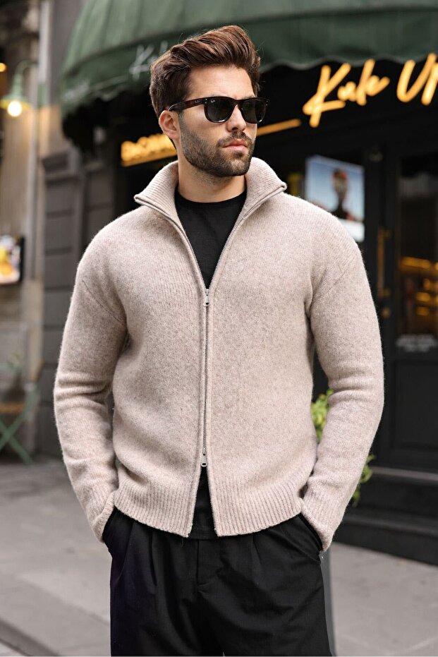 Stone Color Stand Collar Double Zipper Men's Knitwear Cardigan E7528