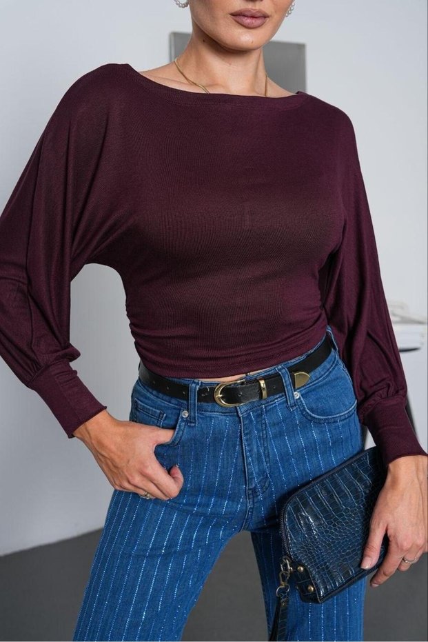 Women's Plum Boat Neck Waist-Slit Blouse Pc7003