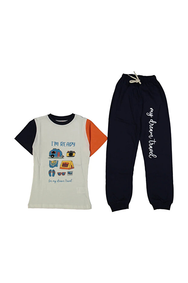 Boy's Ecru Smoked Collar Camping Printed Pajama Set