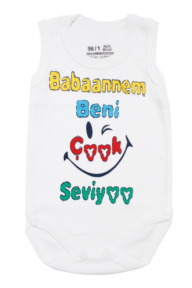 Unisex White Bodysuit with the Text "My Grandmother Loves Me Very Much" and Straps