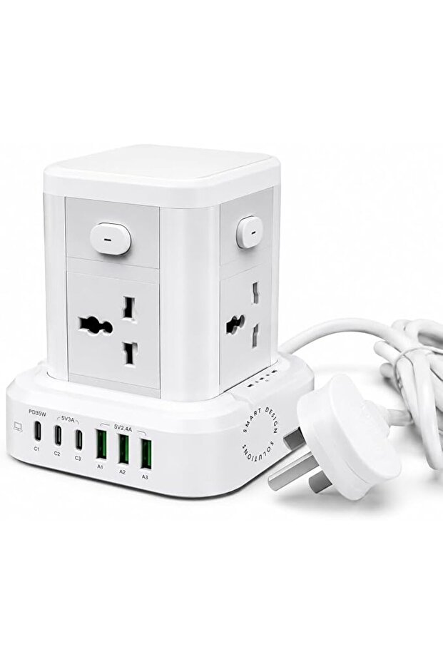 وصلة كهربائية مكعبة الشكل مع 3 منافذ USB (5V/3.1A) و3 مخارج طاقة مزودة بحماية من التيار المفاجئ.