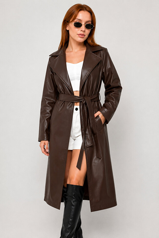 Belted Buttonless Bitter Brown Faux Leather Long Trench Coat
