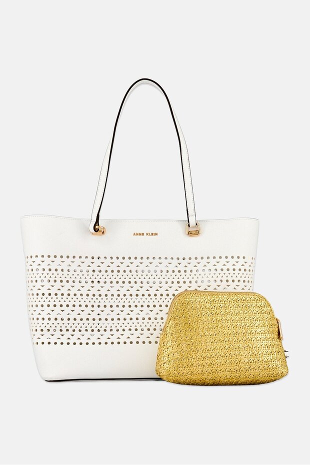 Women Crochet Tote Bag With Small Removable Pouch, White