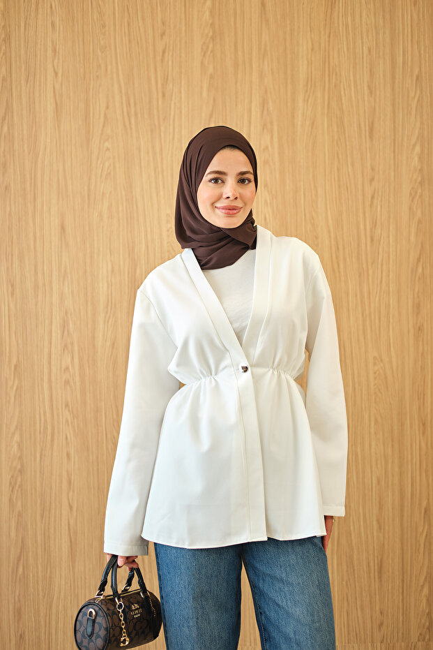 Women's Elastic Waist Button Detail Kimono White