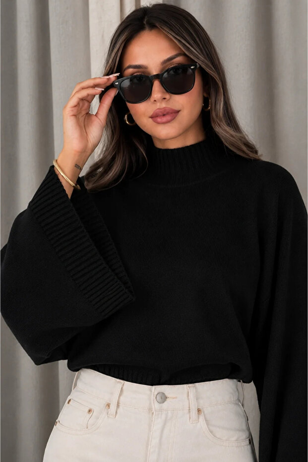 Women's Black Spanish Batwing Sleeve Knitwear Sweater Long Sleeve High Neck Rib Knit Cuffed Solid Color