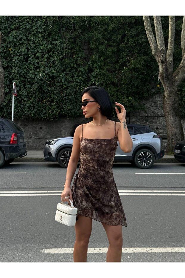 Women's Brown Tie Dye Patterned Rope Strap Tulle Mini Dress Yel221816