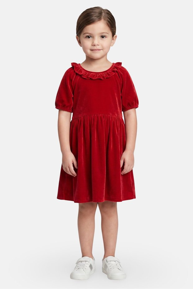 Toddlers Girl Velvet Short Sleeve Dress, Dark Red