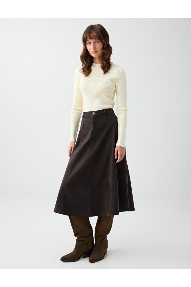 Bitter Brown Waist Zippered A-Line Cotton Tencel Midi Skirt