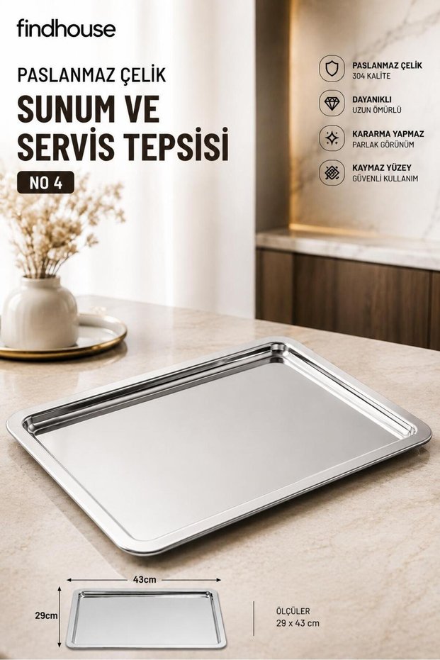 1 Pc 304 Stainless Steel Patisserie Presentation Tray No 4 29X43Cm Presentation Dowry Tray, for Home, Cafe, Restaurant, Patisserie, Hotel