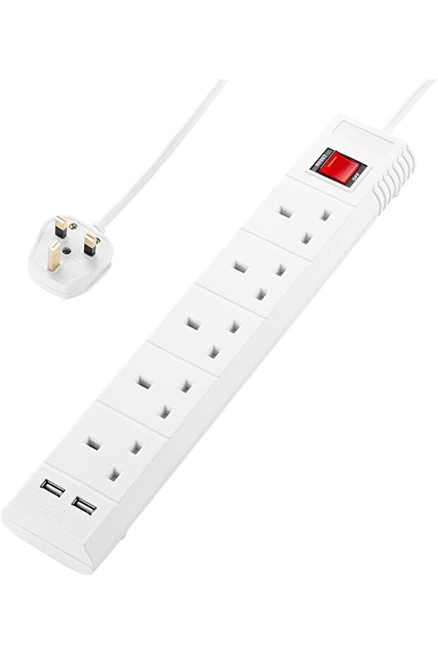 كابل تمديد بخمسة مخارج مع مفتاح تشغيل/إيقاف ومنفذين USB - طول 3 أمتار - شريط طاقة بخمسة مخارج بريطانية