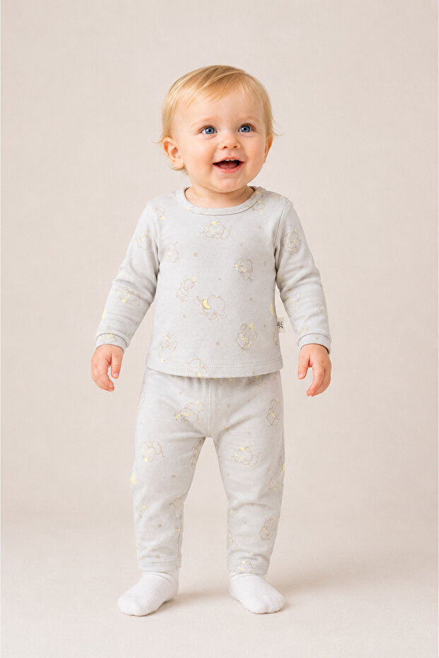 Baby Gray Patterned 100% Cotton 2-Piece Home Wear and Pajama Set