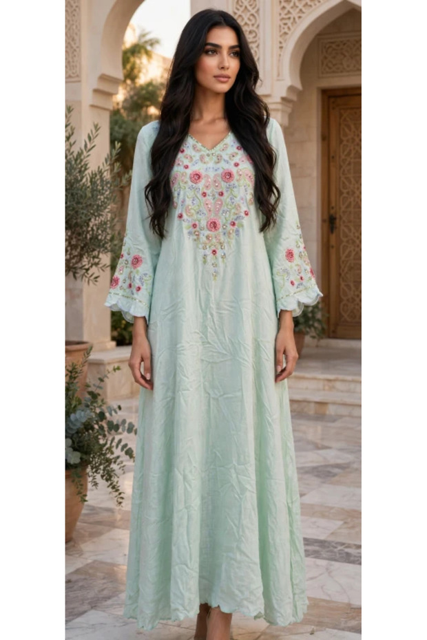 Paisley Embroidered V Neck Jalabiya with Scalloped Sleeves