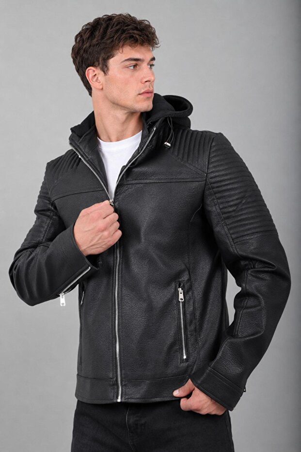 Detachable Mesh Hooded Faux Leather Coat Kmd 814_50515-1
