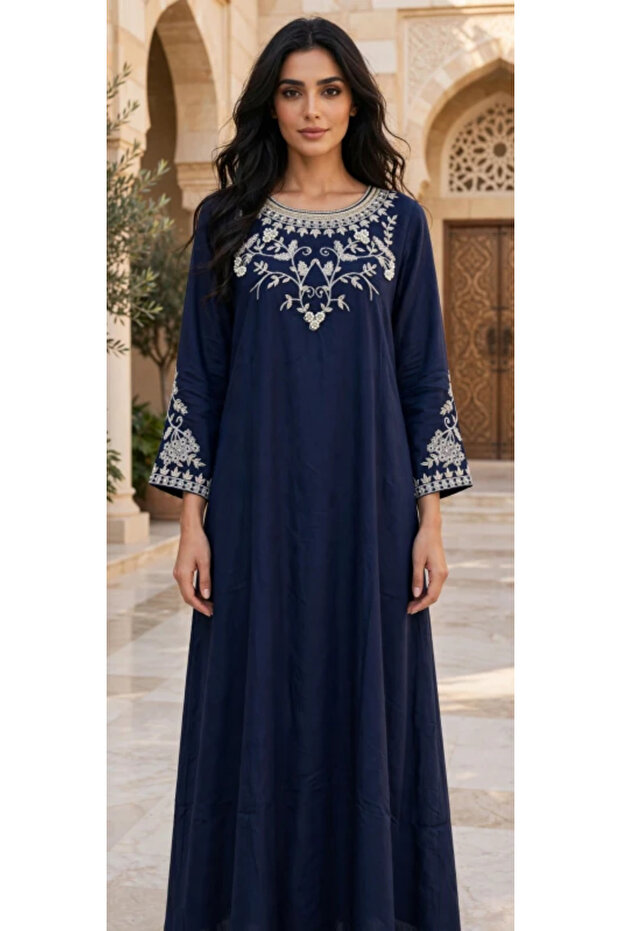 Floral Vines Embroidered Scoop Neck Maxi Jalabiya