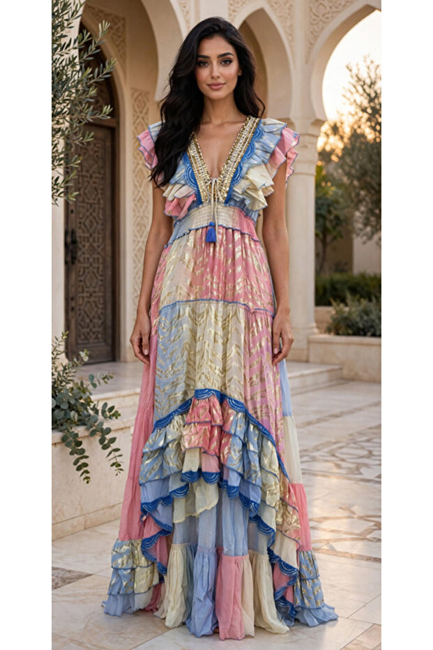 Tiered Metallic V Neck Maxi Jalabiya