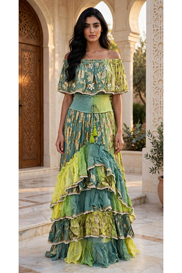 Off Shoulder Metallic Tiered Maxi Jalabiya