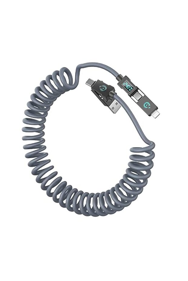 كابل USB-C حلزوني بقدرة 240 واط، كابل شحن سريع 4 في 1 مع شاشة LED، محول USB من التيار المتردد إلى التيار المتردد/المستمر لأجهزة iPhone 16/1