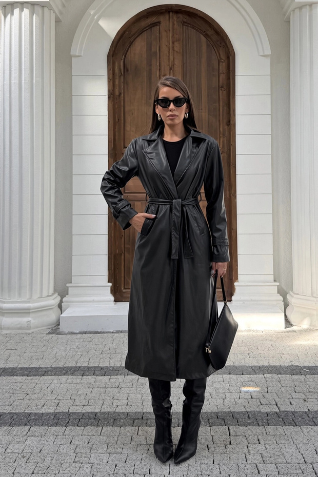 Women's Black Lined Belted Stylish Oversized Elegant Long Faux Leather Trench Coat with Sleeve and Pocket Detailing