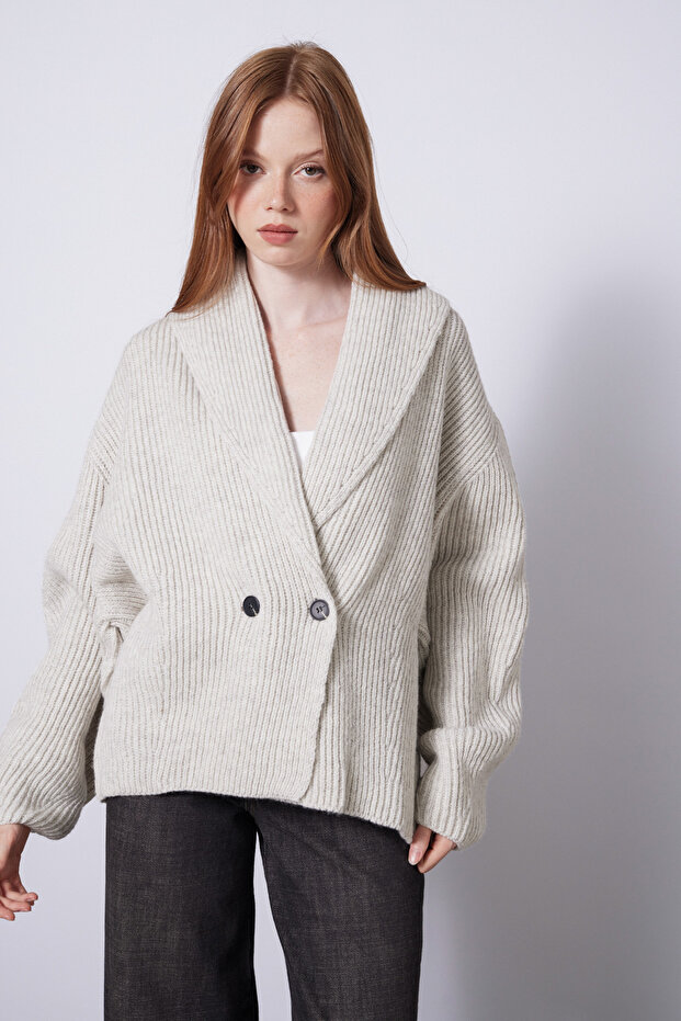 Oversize Shawl Collar Wool Cardigan Ecru