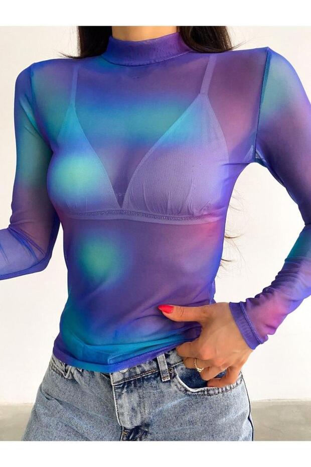 Women's Rainbow Stand Collar Long Sleeve Tulle Blouse
