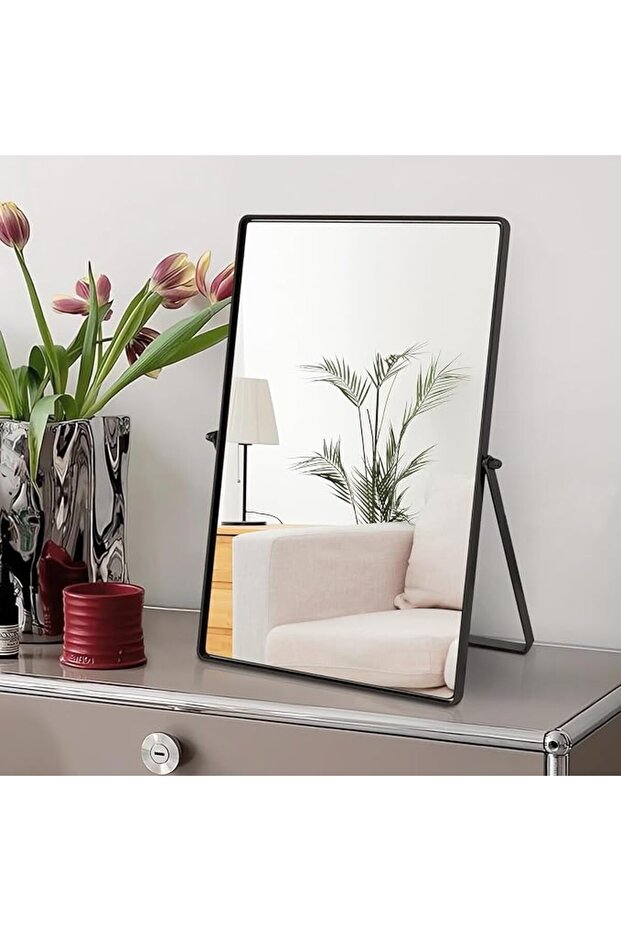 Elegant Desktop Makeup Mirror, Black Stainless Steel Frame, HD Rectangular Vanity Table Mirror with