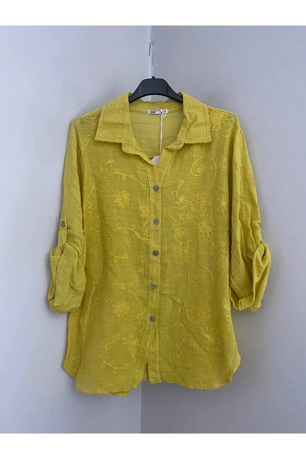 Women's Italian Ivy Leaf Embossed Patterned Foldable 3/4 Sleeve 100% Cotton Shirt Blouse