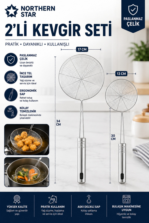 Set of 2 Stainless Steel Frying Colanders, Oil Strainers, Steel Wire Skimmers, 17 cm and 13 cm Diameter