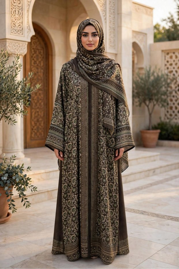 Botanical Vine Printed Open Front A Line Abaya