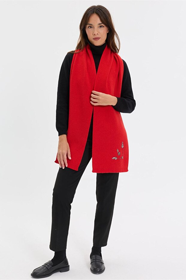 Women's Stoned Embroidered Wool Kaşkol Mercan