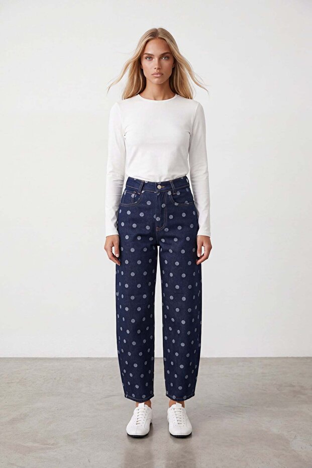 Women's navy blue polka dot jean pants alc-x15665