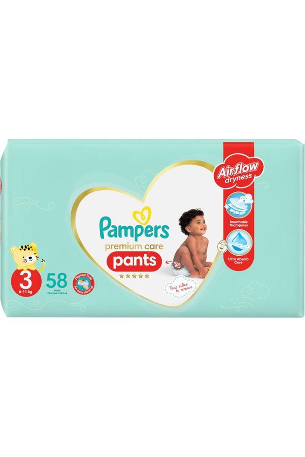Premium Care Pants Diapers, Size 3, 6-11Kg, The Softest Diaper with Stretchy Sides for Better Fit, 56 Baby Diapers