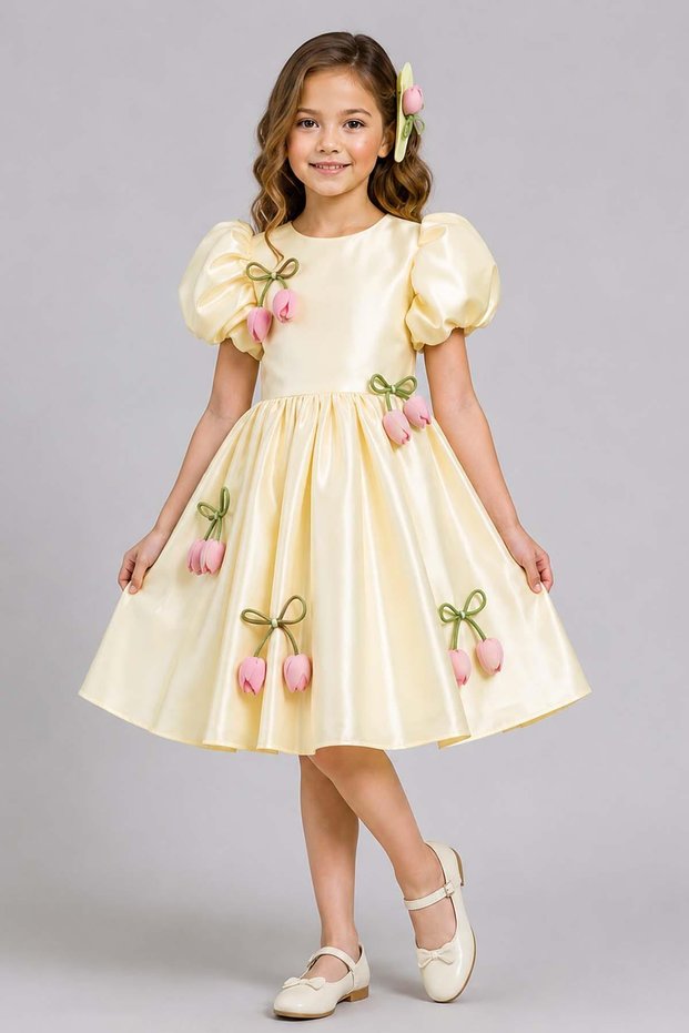 Girl's Watermelon Sleeves, Tulip Ribbon Detail on Skirt, Fluffy Petrol Yellow Satin Evening Dress
