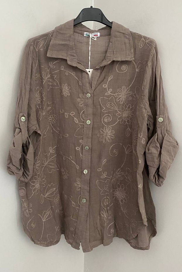 Women's Italian Ivy Leaf Embossed Patterned Foldable 3/4 Sleeve 100% Cotton Shirt Blouse