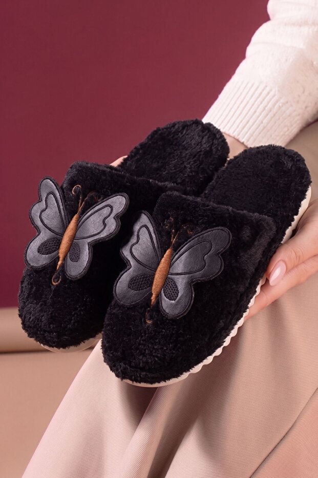 Kepona Black Big Butterfly Plush House Slippers Women's Winter Slippers