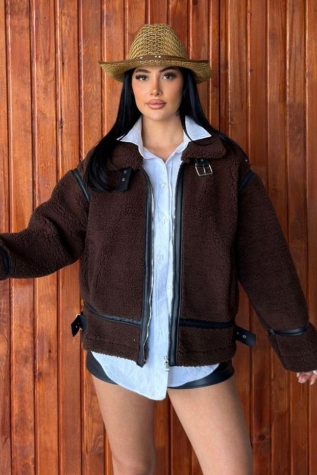 Women's Plush Jacket Short Zipper Double Pockets Belted Waist and Collar Long Sleeves Drop Shoulder Plush Coat