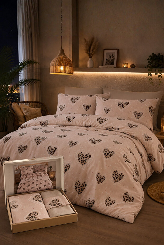 Larina | Boxed 100% Cotton Premium Double Duvet Cover Set | Soft and Breathable | Duvet Cover | Flat Sheet | Pillowcase | Bed | Dowry | Leopard Heart Pattern - 220 X 240 cm