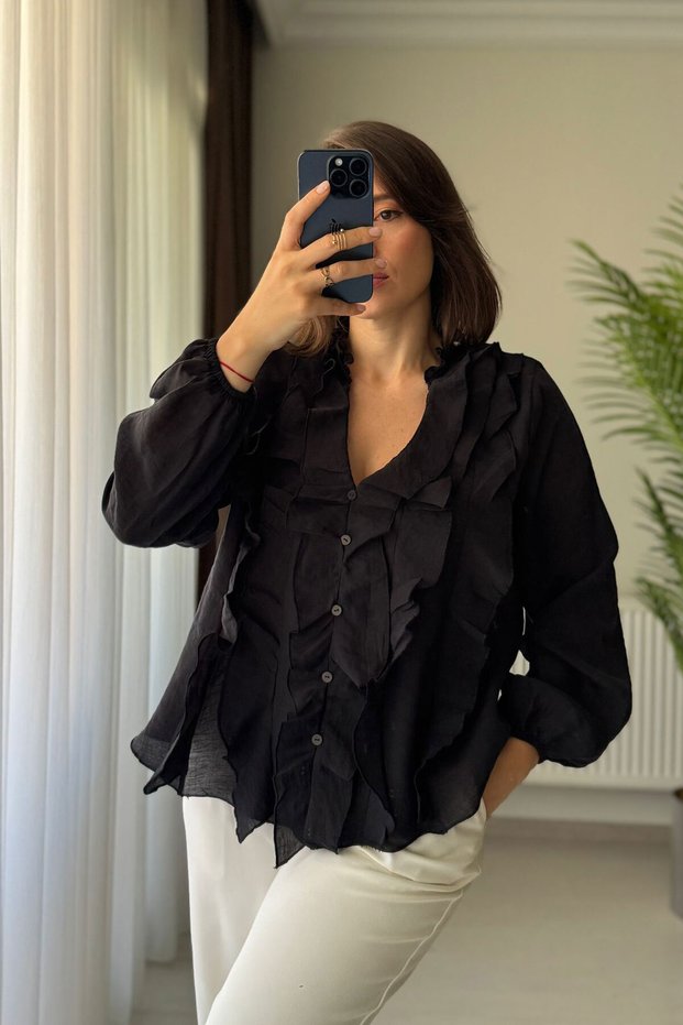 V-Neck Organic Fabric Black Transparent Women's Blouse