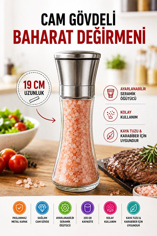 Glass Body Spice Mill 19 cm Rock Salt and Pepper Mill with Adjustable Ceramic Grinder 200 Grams!