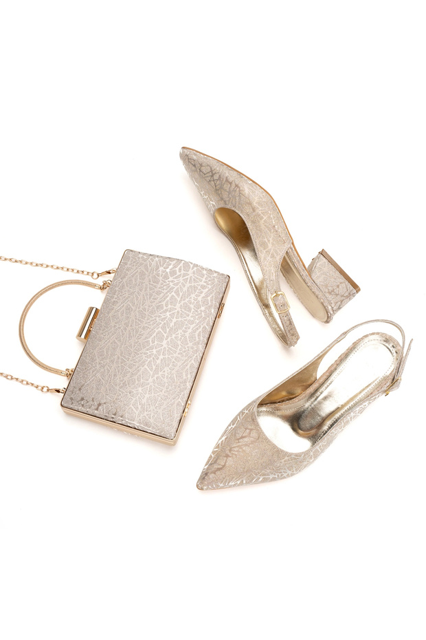 Women's Gold Open-Back Thick Heeled Patterned Evening Dress Shoes and Bag Set